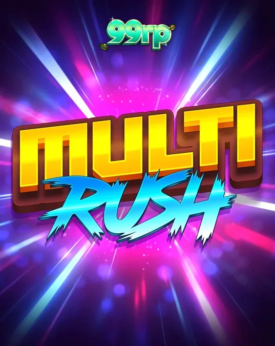 Tampilan antarmuka seluler game slot Multi Rush dengan simbol neon yang cerah